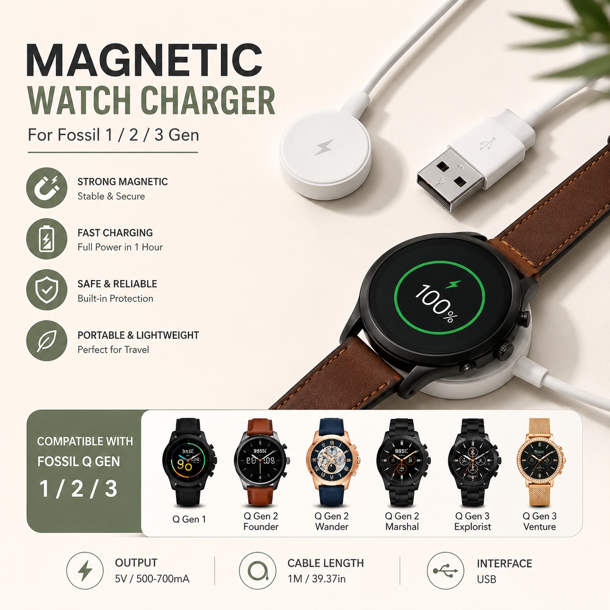 Fossil Smartwatch Accessories - USB-адаптер для зарядки часов, кабель для